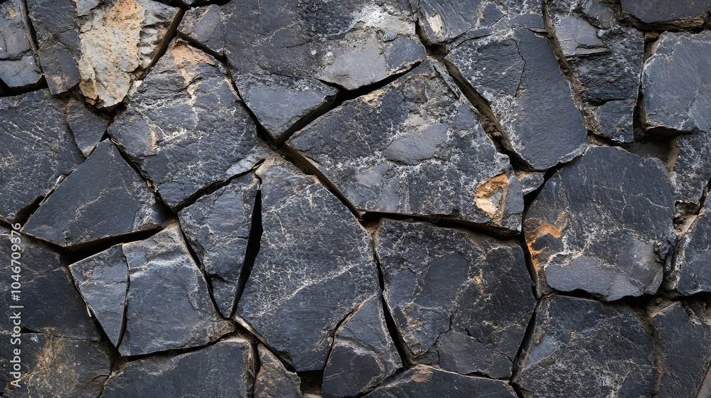 Fototapeta premium A wall made of broken pieces of black stone. The wall is made of many different sized pieces of stone, and it is a very old wall. The wall is very rough and uneven, and it has a very dark