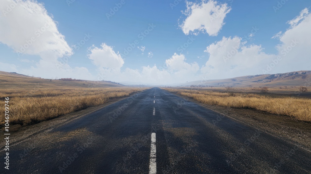 A long, empty road stretches into the distance under a clear blue sky. A long, empty road stretches into the distance under a clear blue sky.