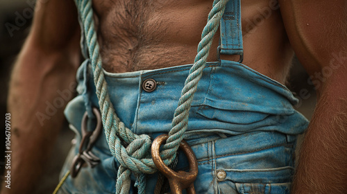 Close-up of rope and carabiner on miner's chest