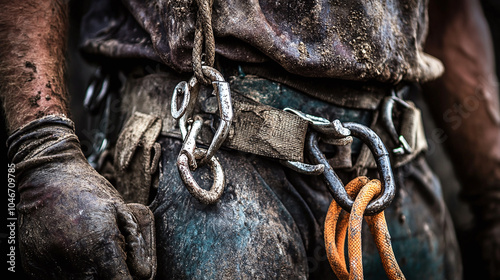 Close-up of rope and carabiner on miner's chest