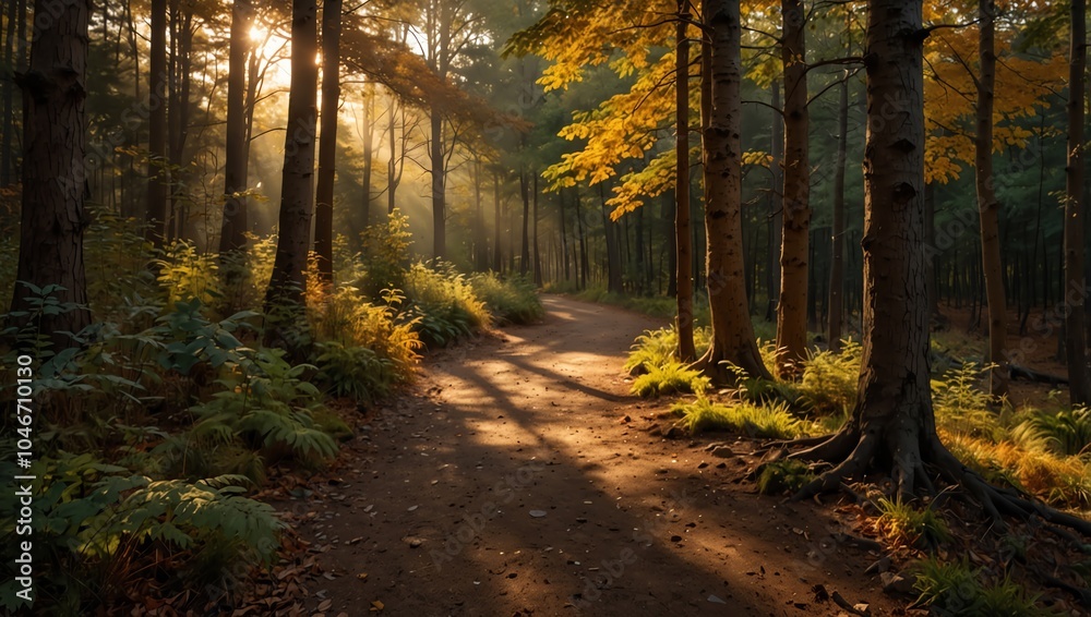 Fototapeta premium autumn in the forest , Sunlight streams through tall trees along a dirt path in a fall forest scene.