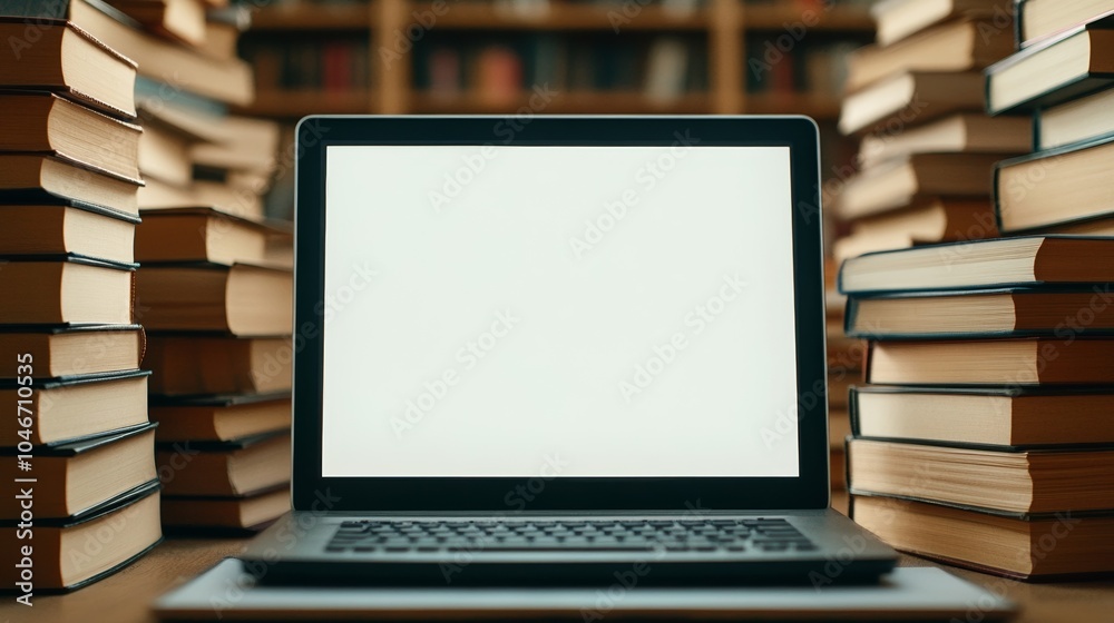 Blank computer screen with a blinking cursor, stacks of books in the background, symbolizing the beginning of a writing journey for National Novel Writing Month Blank computer screen with a blinking cursor, stacks of books in the background, symbolizing the beginning of a writing journey for National Novel Writing Month