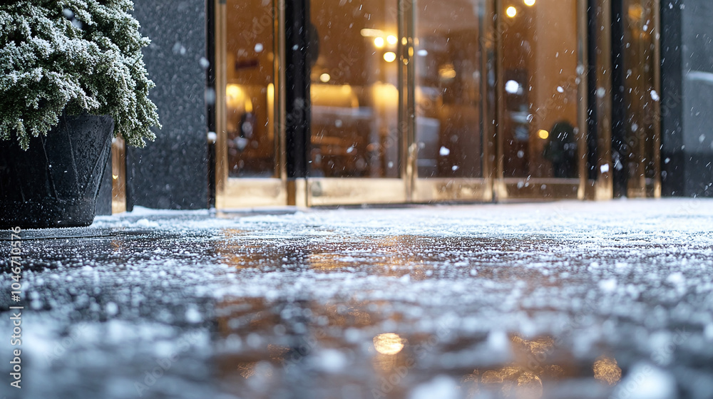 Fototapeta premium Icy Sidewalk in Front of Building Entrance on a Winter Day