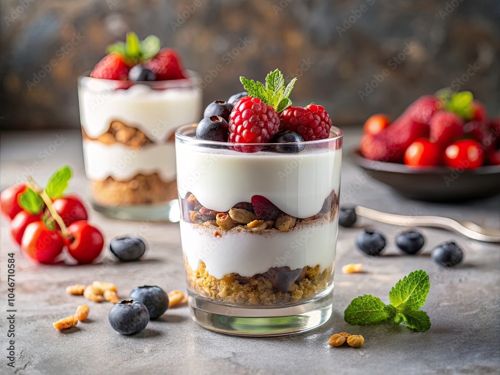 Closeup of a Minimalist Dessert in a Glass with Fresh Berries and Crunchy Granola for a Healthy Indulgence Closeup of a Minimalist Dessert in a Glass with Fresh Berries and Crunchy Granola for a Healthy Indulgence