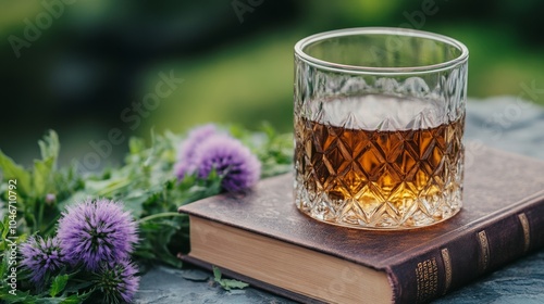Close-up of a book of Robert Burns poetry, surrounded by thistle flowers and a dram of whisky, celebrating Burns Night traditions  photo