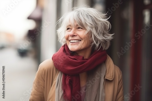 Portrait of a happy senior woman walking in the city, smiling