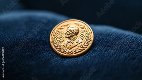 Close-up of a golden Nobel Prize medal resting on a velvet cushion, with intricate details highlighted, celebrating Nobel Prize Day 