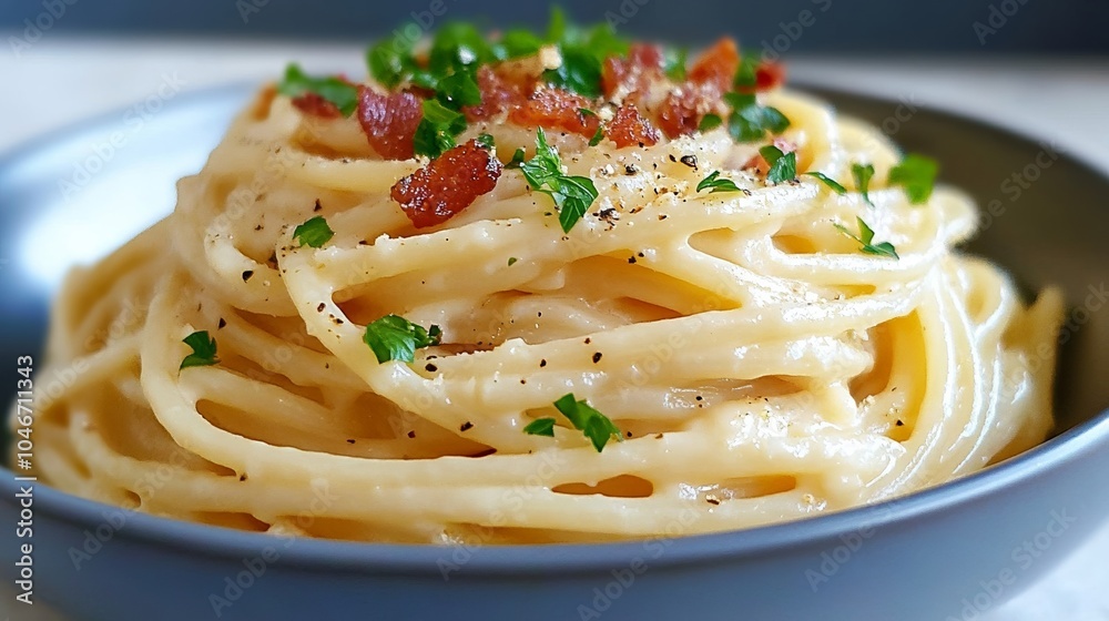 Close-up of spaghetti carbonara with creamy sauce, crispy pancetta, and a sprinkle of black pepper, perfect for National Spaghetti Day Close-up of spaghetti carbonara with creamy sauce, crispy pancetta, and a sprinkle of black pepper, perfect for National Spaghetti Day