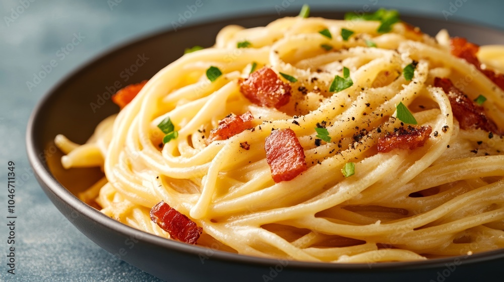 Close-up of spaghetti carbonara with creamy sauce, crispy pancetta, and a sprinkle of black pepper, perfect for National Spaghetti Day Close-up of spaghetti carbonara with creamy sauce, crispy pancetta, and a sprinkle of black pepper, perfect for National Spaghetti Day