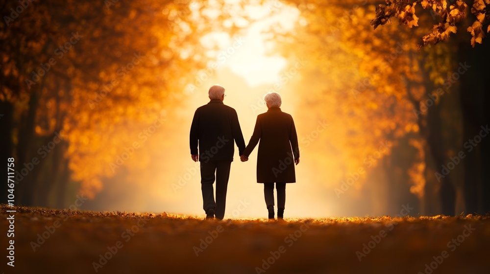 Elderly couple walking hand-in-hand through a sunlit park, surrounded by autumn leaves, capturing the beauty and simplicity of senior life Elderly couple walking hand-in-hand through a sunlit park, surrounded by autumn leaves, capturing the beauty and simplicity of senior life