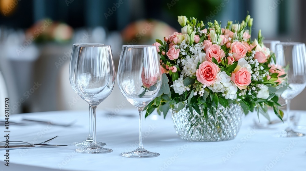 Elegant dinner table set for the Nobel Banquet, with crystal glasses and floral arrangements, capturing the celebration of Nobel Prize Day Elegant dinner table set for the Nobel Banquet, with crystal glasses and floral arrangements, capturing the celebration of Nobel Prize Day