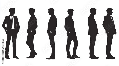 Silhouettes of six men in various poses, showcasing different styles and postures against a simple background.