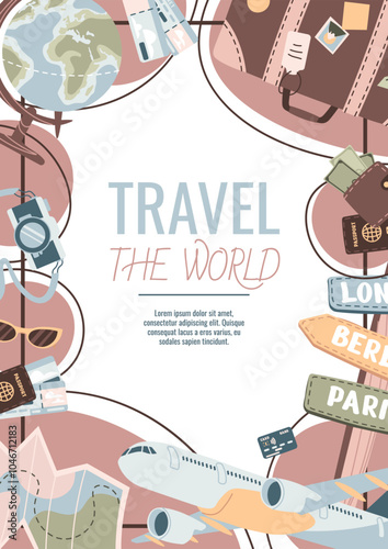 Flyer design travel. Poster with bag, globe, map. Travel around the world, summer vacation. Banner for travel agency.