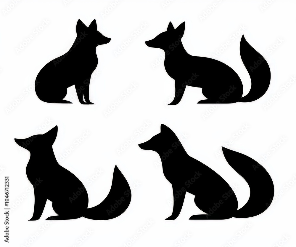 Four silhouettes of foxes in various poses, showcasing their distinct shapes and tails in a minimalist style. Four silhouettes of foxes in various poses, showcasing their distinct shapes and tails in a minimalist style.