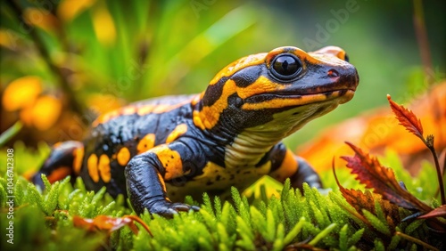 Closeup View of Fire Salamander in Lush Green Grass and Brown Leaves - Urban Exploration Photography