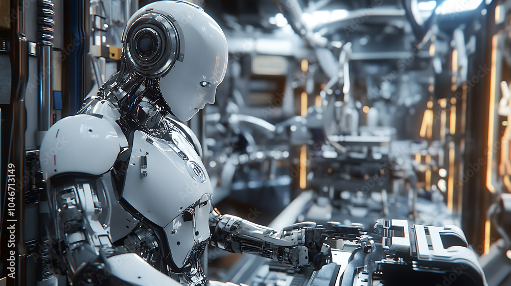 photo realistic industrial robot working in factory environment, showcasing advanced technology and photo realistic industrial robot working in factory environment, showcasing advanced technology and