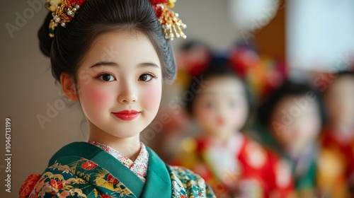 Japanese family setting up a Hinamatsuri (Doll Festival) display together, with vibrant dolls and traditional decorations, symbolizing family traditions and care 