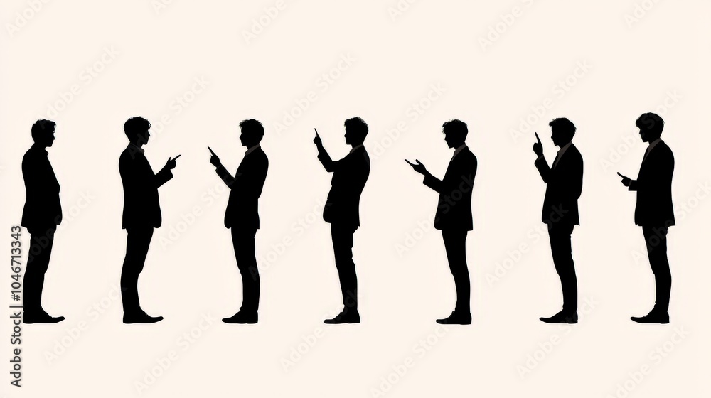 Silhouettes of men gesturing with smartphones on a plain background, illustrating communication and technology. Silhouettes of men gesturing with smartphones on a plain background, illustrating communication and technology.