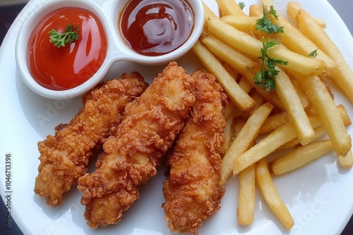 Alimentary Delight: Fresh Chicken Fingers with Organic Fries and Delicious Sauce on Plate