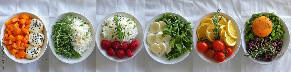 Fresh salads in bowls arranged in a row featuring various vegetables and ingredients on a white table
Fresh salads in bowls arranged in a row featuring various vegetables and ingredients on a white table