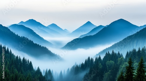 Misty morning in the mountains with layers of peaks fading into the distance, capturing the serenity and mystery of nature for International Mountain Day 