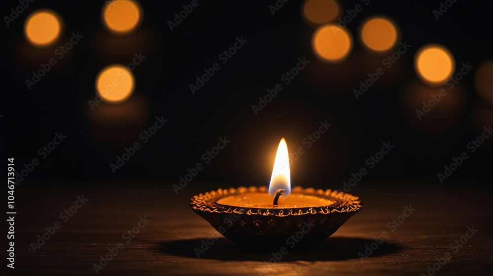 Single Diya Candle Lighting in Dark Background Single Diya Candle Lighting in Dark Background