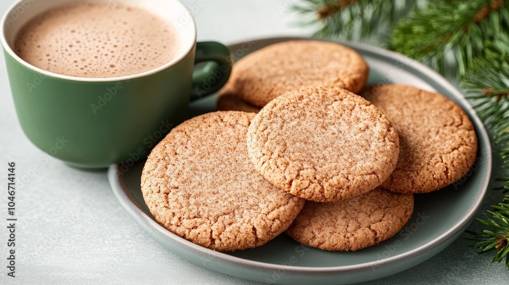Plate of crispy gingersnap cookies paired with a mug of hot cocoa, creating a cozy scene for National Cookie Day Plate of crispy gingersnap cookies paired with a mug of hot cocoa, creating a cozy scene for National Cookie Day