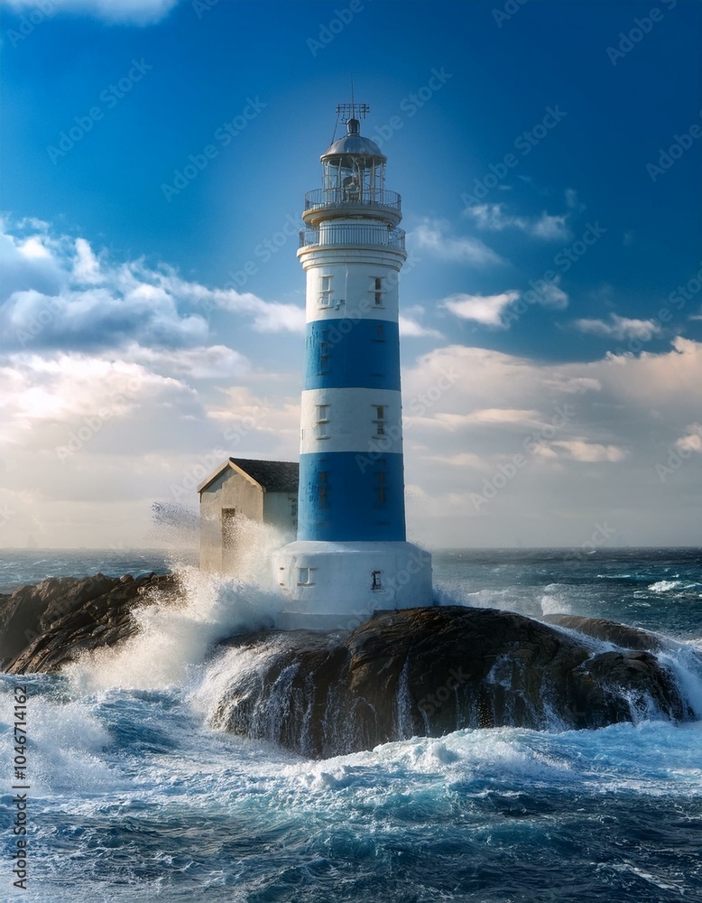 Faro marino abrazo del mar, en un día azulado conn nuves Faro marino abrazo del mar, en un día azulado conn nuves
