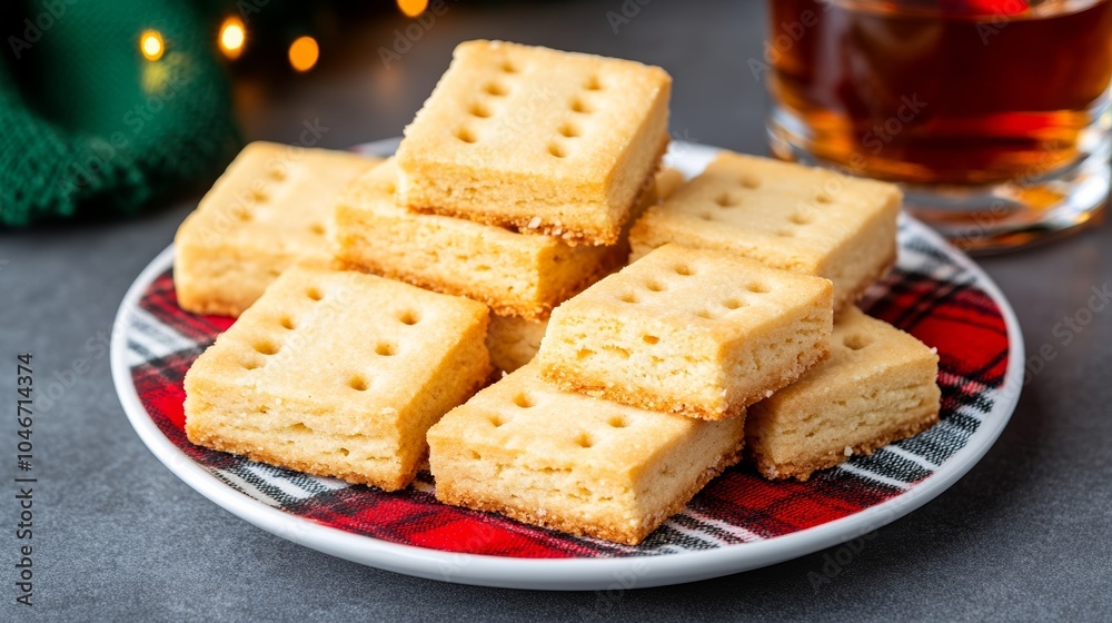 Scottish shortbread cookies arranged on a tartan-lined platter next to a glass of whisky, perfect for a Burns Night dessert 
