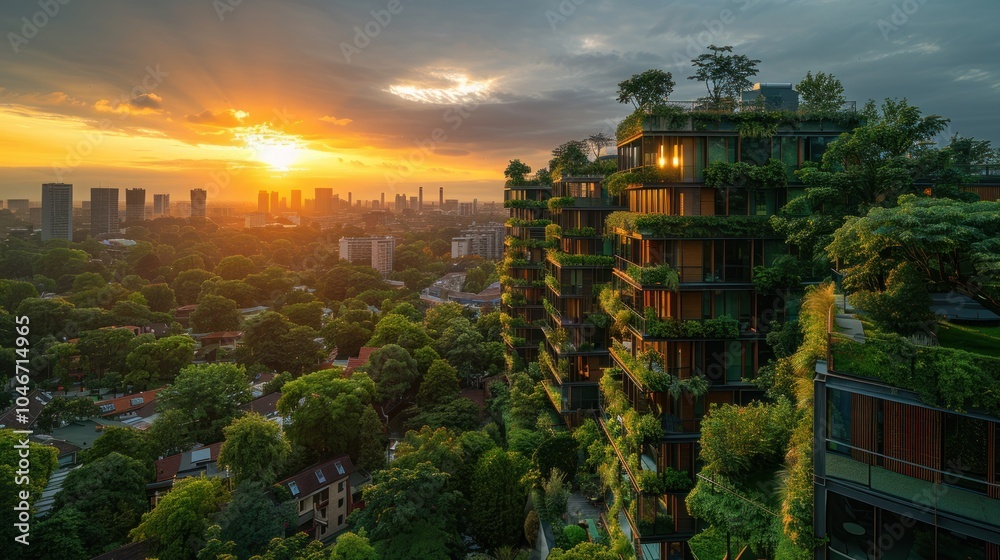 Obraz premium Green Cityscape at Sunset