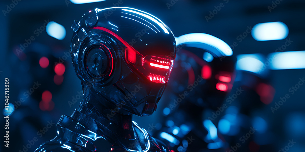 Futuristic Robot with Glowing Red Eye in Dark Ambiance