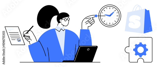 A woman at a laptop holds a pen and paper while pointing at a clock. Nearby items include a shopping bag and a puzzle piece with a gear. Ideal for task management, time management, online shopping