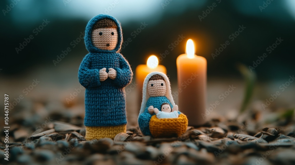 Fototapeta premium Traditional Mexican nativity scene with intricate figures, lit by soft candlelight, honoring Las Posadas 