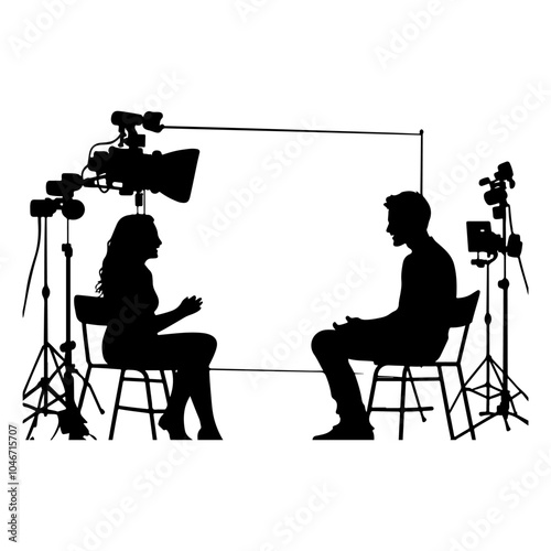 Silhouette of a man and woman being interviewed on a set with cameras, studio lights, and a white background.