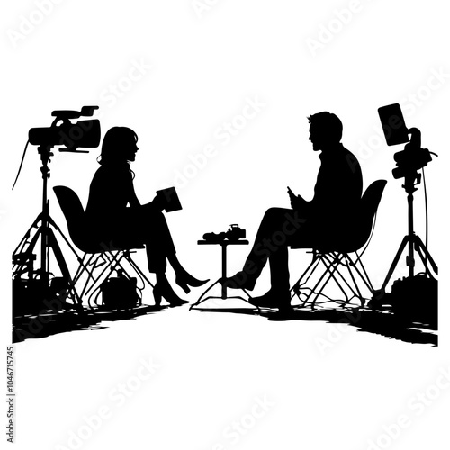 Silhouette of a man and woman being interviewed on a set with cameras, studio lights, and a white background.