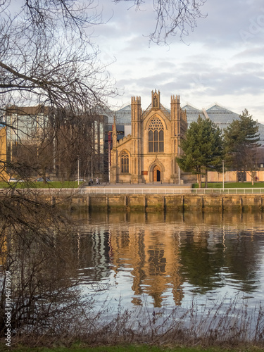 St. Andrew's Cathedral, Glasgow, next to a modern glass building.