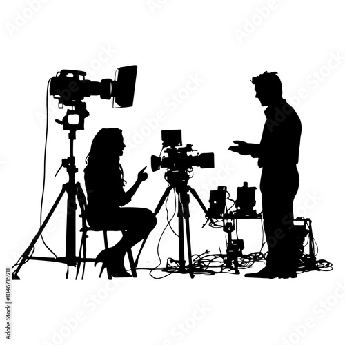 Silhouette of a man and woman being interviewed on a set with cameras, studio lights, and a white background.