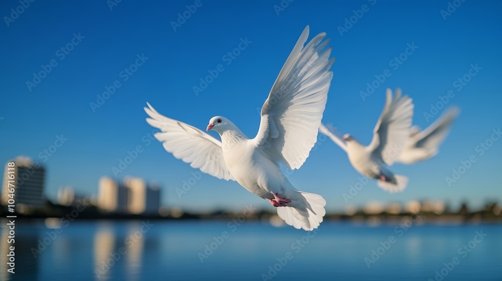 Obraz premium White doves being released into the sky above the USS Arizona Memorial, symbolizing peace and remembrance for Pearl Harbor Remembrance Day 