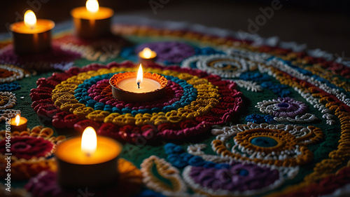 Vibrant Rangoli Design with Candles for Festivities