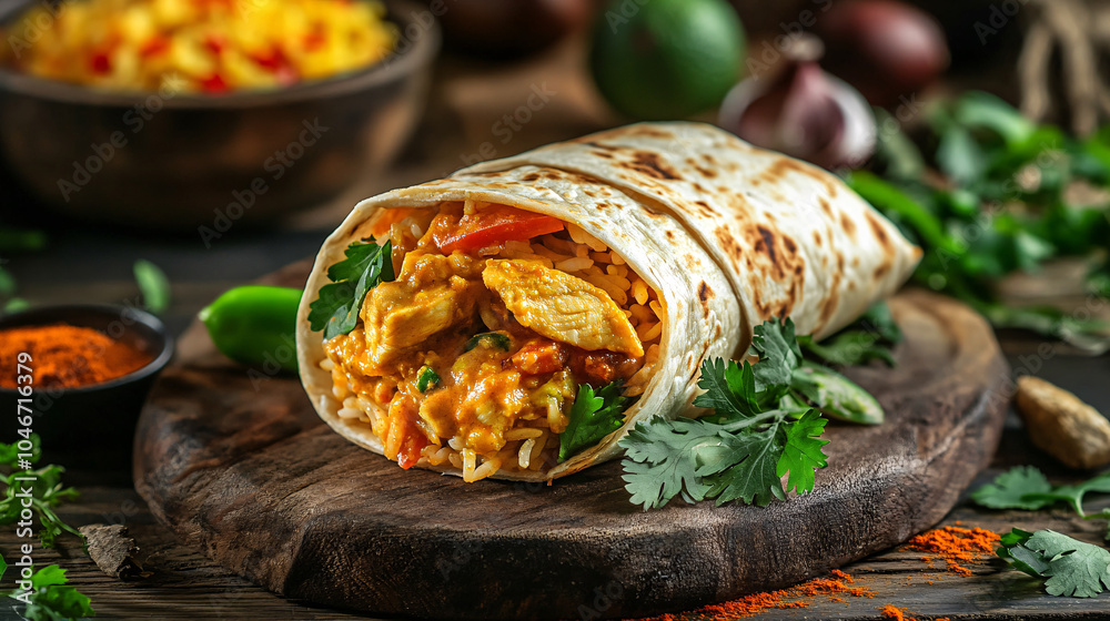 Chicken Tikka Masala Burrito on Rustic Wooden Board Chicken Tikka Masala Burrito on Rustic Wooden Board