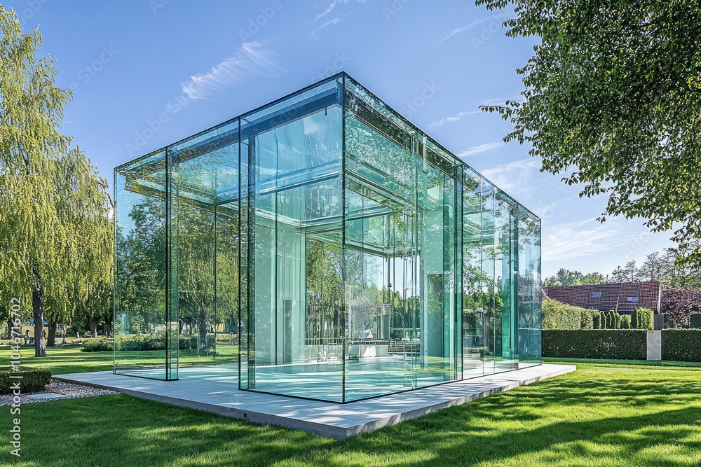 Fototapeta premium Suburban glass house with clear walls and a sleek, minimalist interior.