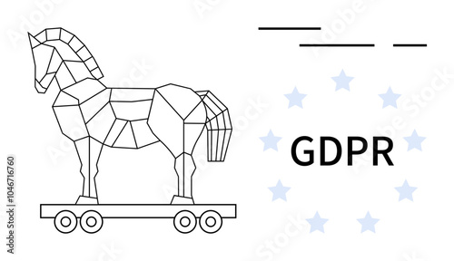 Geometric Trojan horse on wheels next to the text GDPR with stars around. Ideal for internet security, data protection, privacy, GDPR compliance, and tech regulation themes. Simple line art style