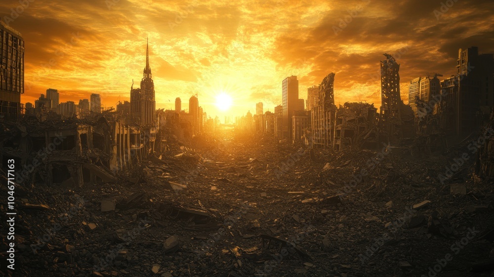 Fototapeta premium A post-apocalyptic cityscape at sunset, showcasing destruction and desolation.