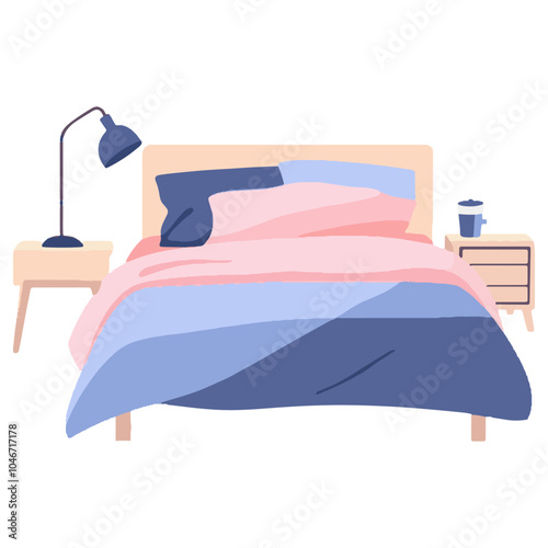 Flat vector illustration of a bed with pink and blue sheets, a nightstand, and a lamp on a white background