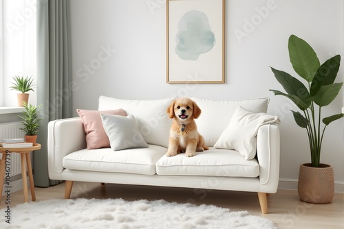 Living room interior with green sofa,dog ,table and poster .