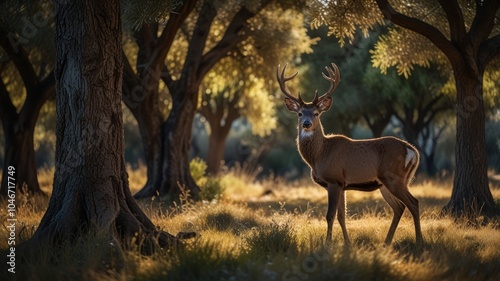 A majestic deer with large antlers stands in a sun-dappled forest, looking directly at the camera.