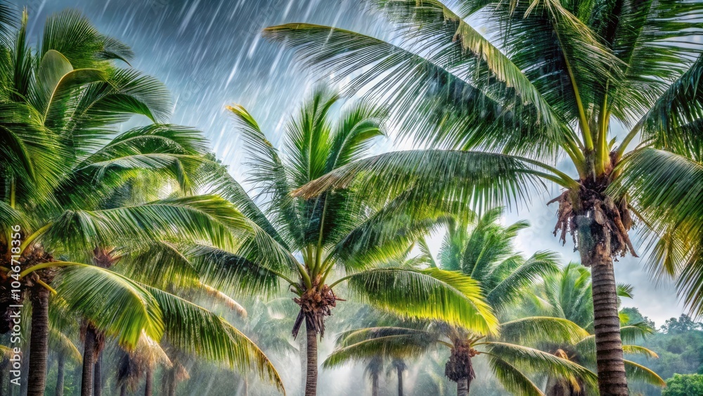 Obraz premium Dramatic Macro Photography of Palm Trees Battling Strong Winds and Stormy Weather â€“ Nature's Fury Captured in Detail