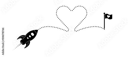 Abstract spaceship, rocket, heart shape route vector. Creative love concept design to use for valentines day, business, science projects.