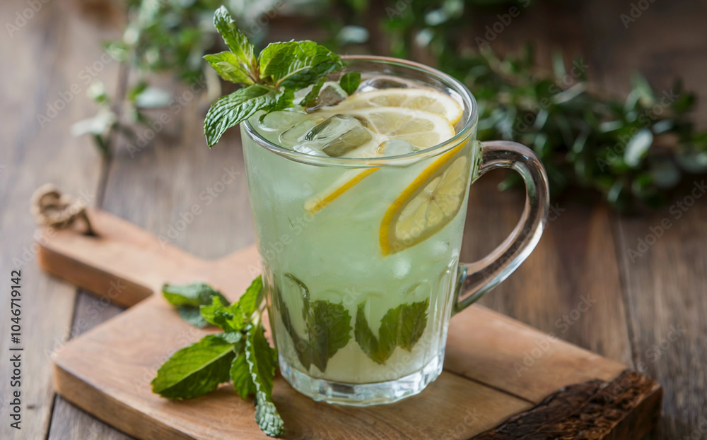 Refreshing Lemon Mint Drink with Ice in a Glass Mug Refreshing Lemon Mint Drink with Ice in a Glass Mug