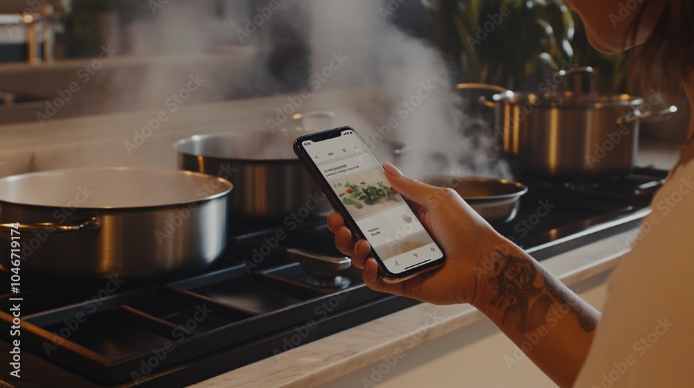 Woman Using Phone in Modern Kitchen Setting Woman Using Phone in Modern Kitchen Setting